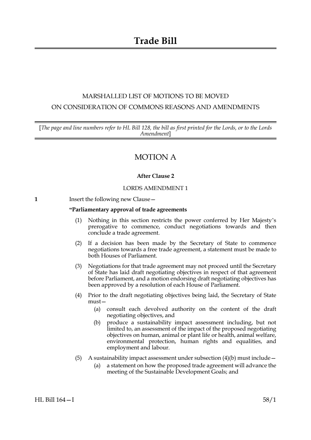 Trade Bill Marshalled List of motions to be moved on Consideration of Commons reasons and amendments