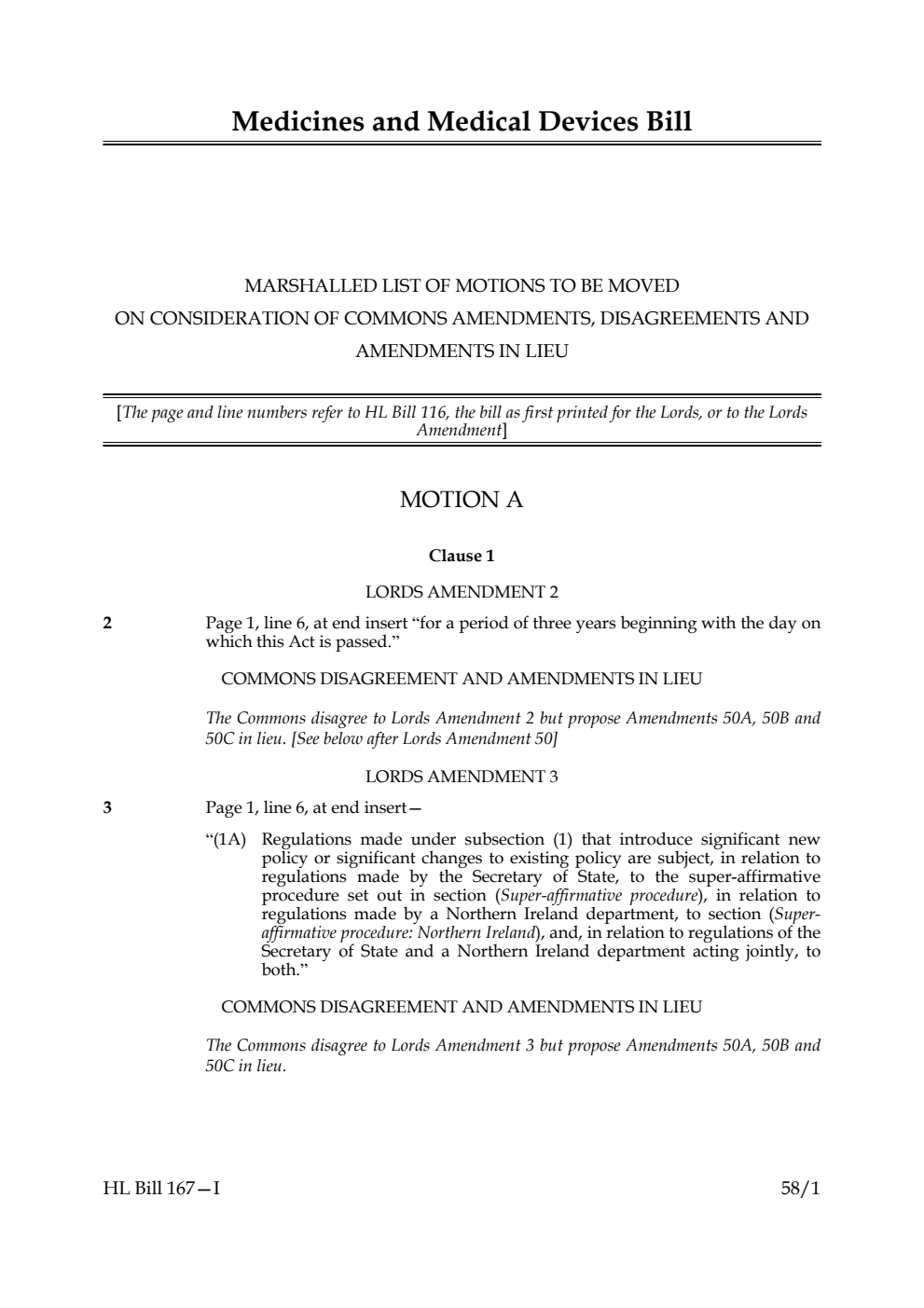 Medicines and Medical Devices Bill Marshalled List of motions to be moved on Consideration of Commons amendments, disagreements and amendments in lieu