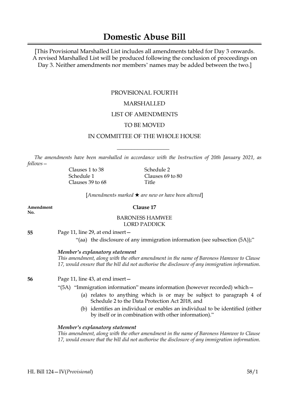 Domestic Abuse Bill Provisional Fourth Marshalled List of amendments to be moved in Committee of the Whole House