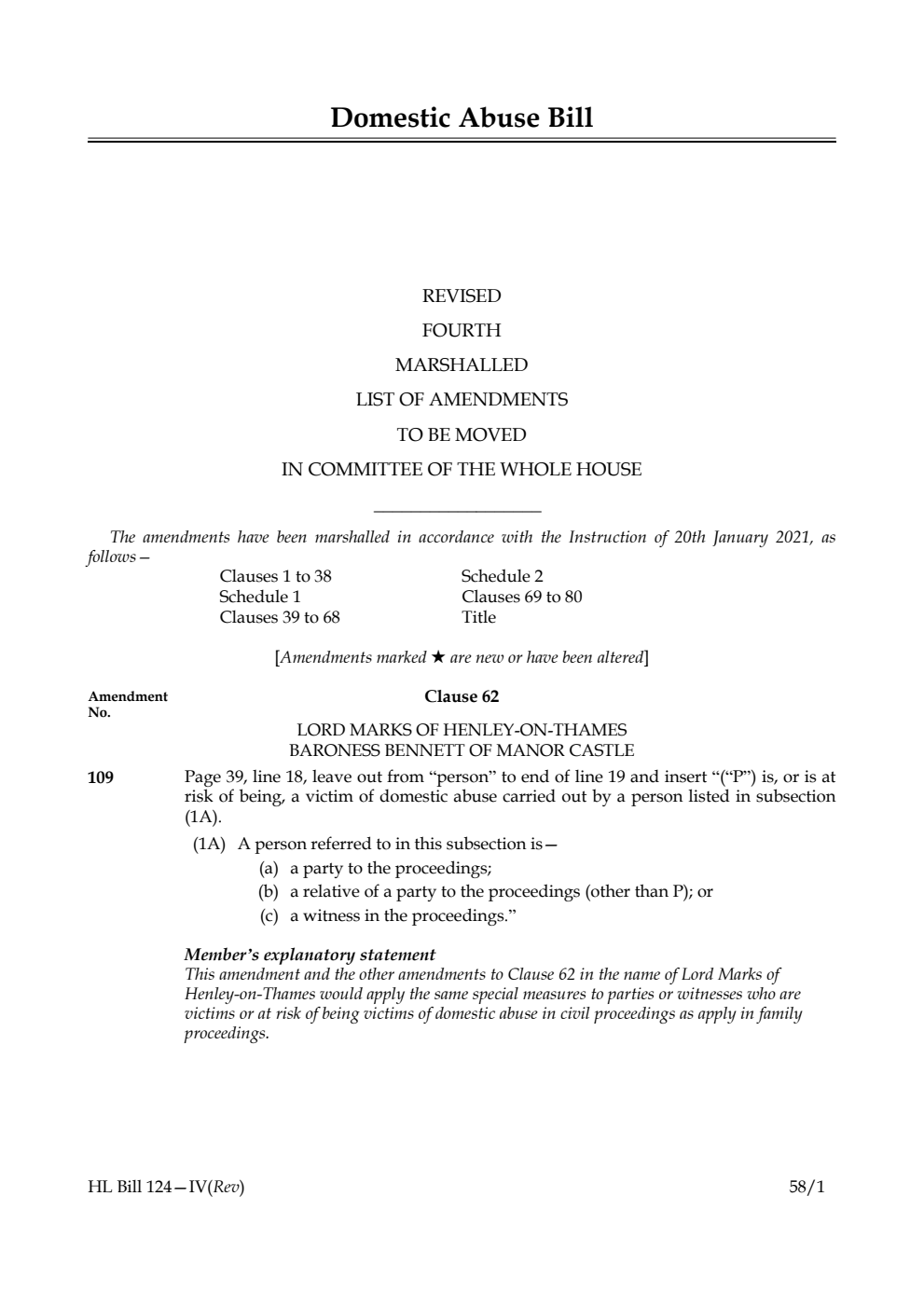 Domestic Abuse Bill Revised Fourth Marshalled List of Amendments to be moved in Committee of the Whole House