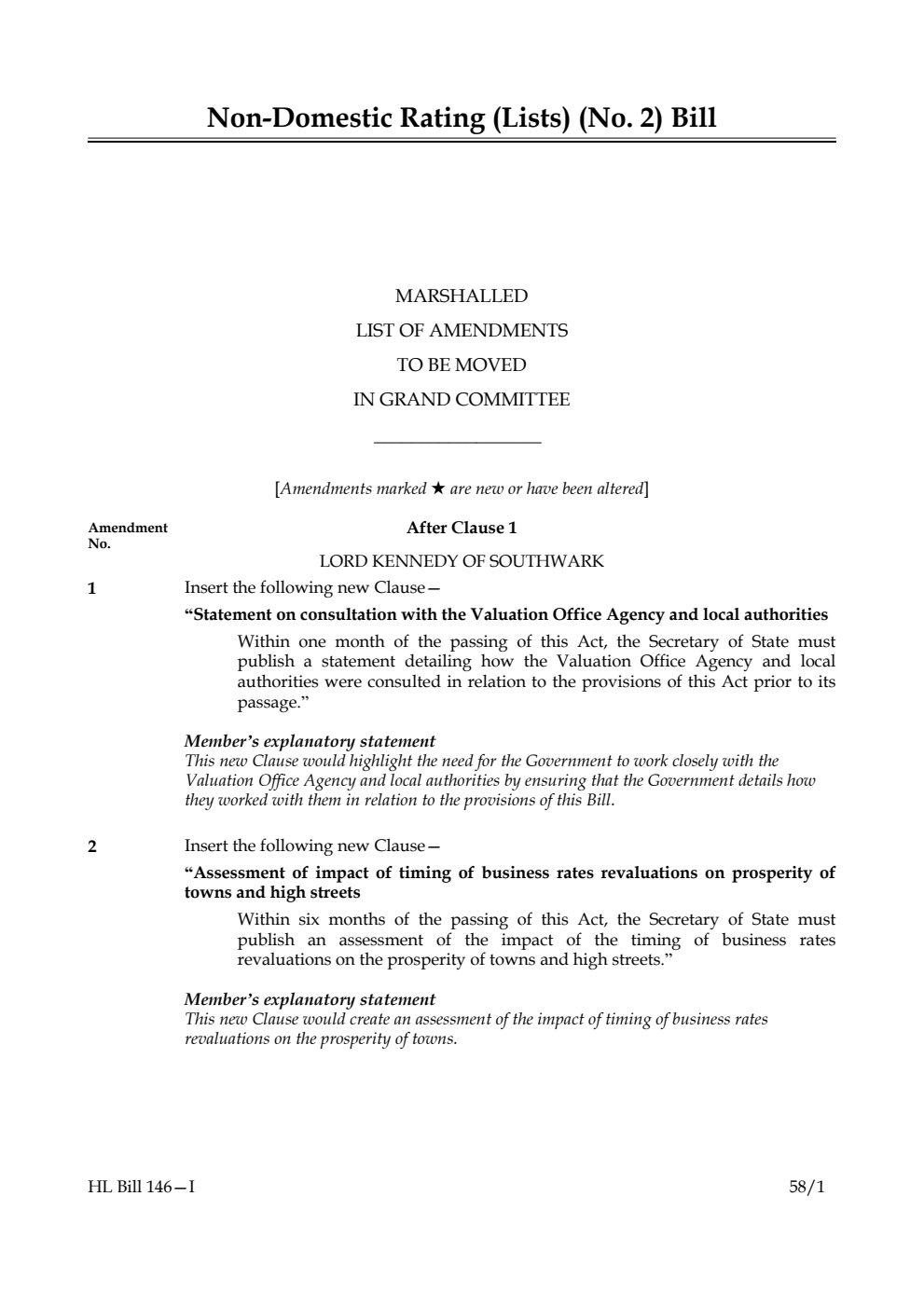 Non-Domestic Rating (Lists) (No. 2) Bill Marshalled List of Amendments to be moved in Grand Committee
