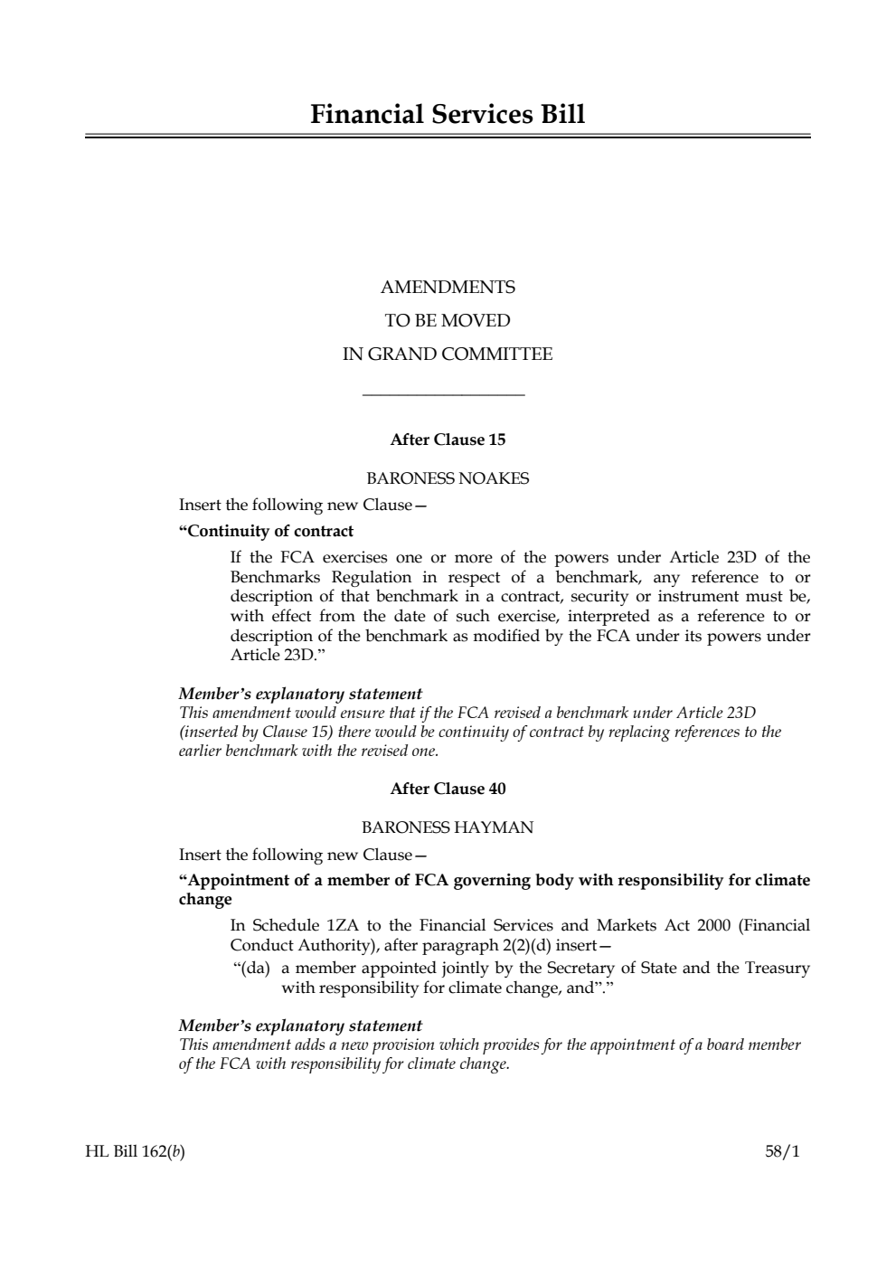 Financial Services Bill Amendments to be moved in Grand Committee