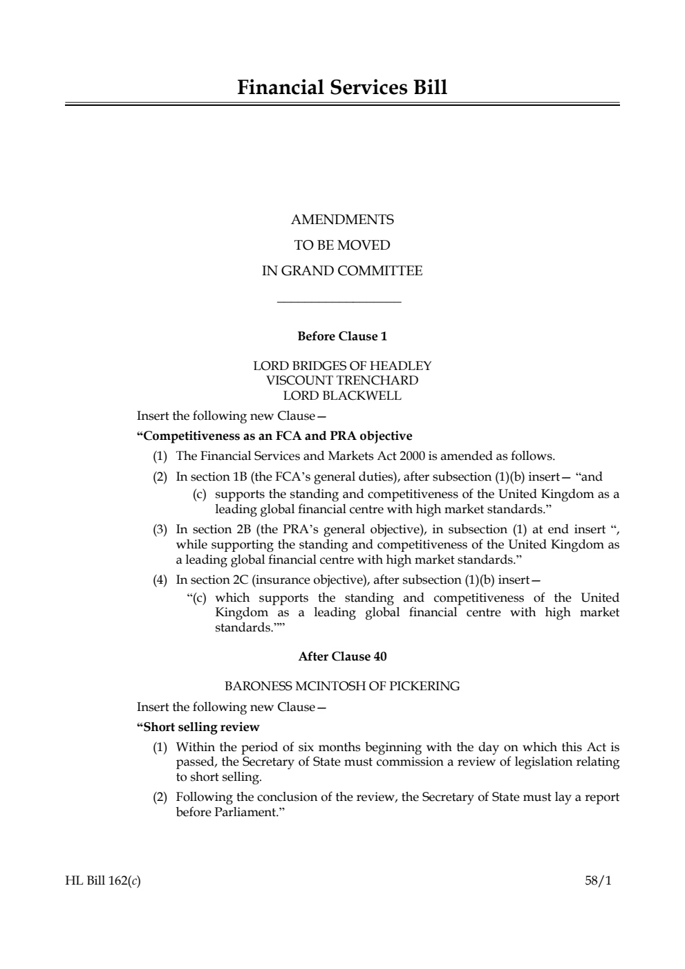 Financial Services Bill Amendments to be moved in Grand Committee