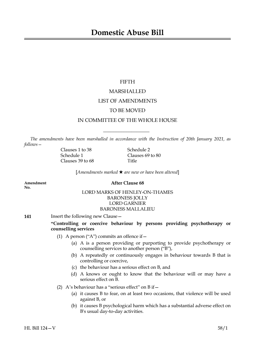 Domestic Abuse Bill Fifth Marshalled List of Amendments to be moved in Committee of the Whole House