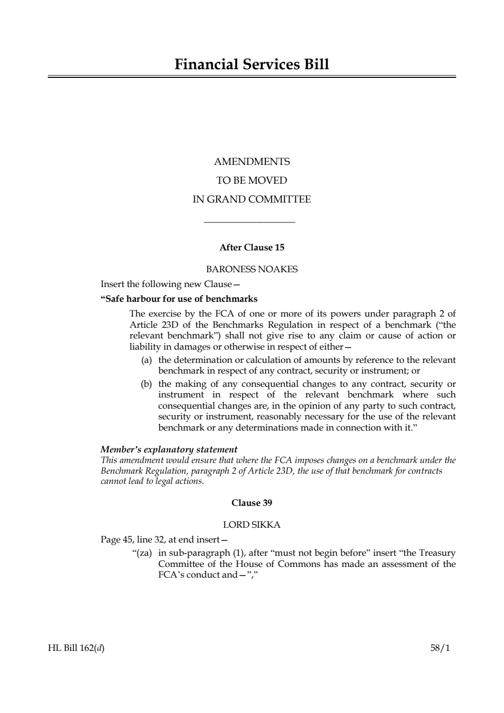 Financial Services Bill Amendments to be moved in Grand Committee