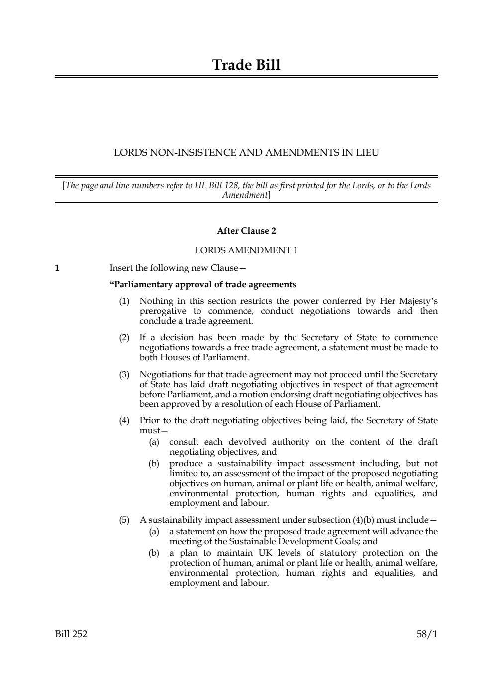 Trade Bill Lords non-insistence and amendments in lieu
