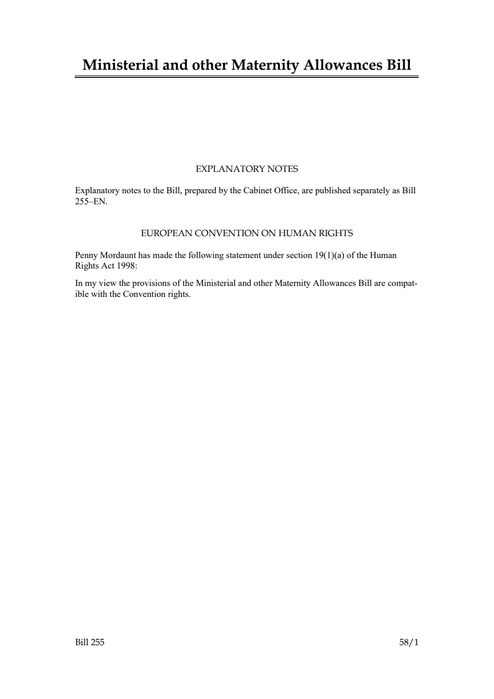 Ministerial and other Maternity Allowances Bill