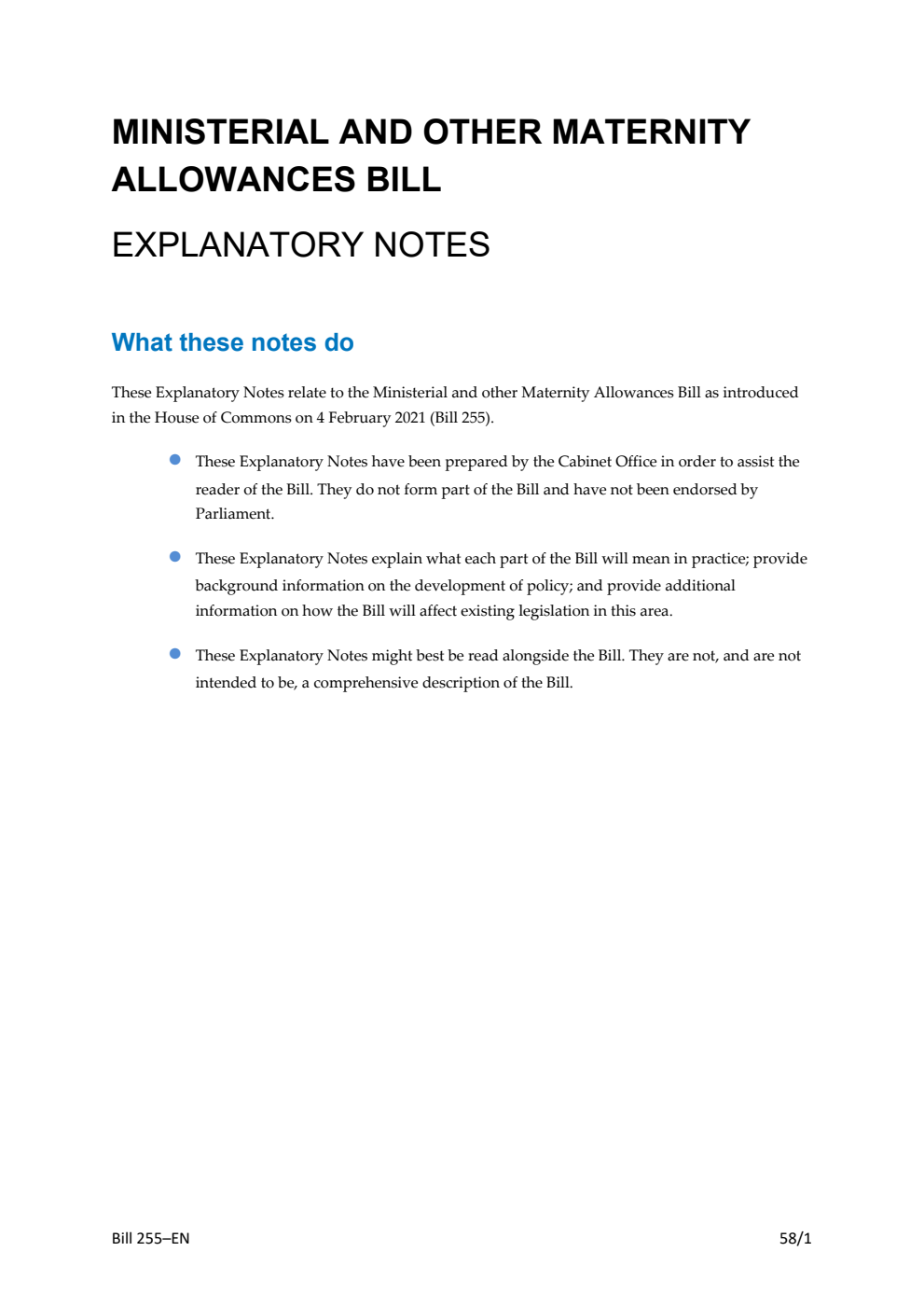 Ministerial and other Maternity Allowances Bill Explanatory Notes