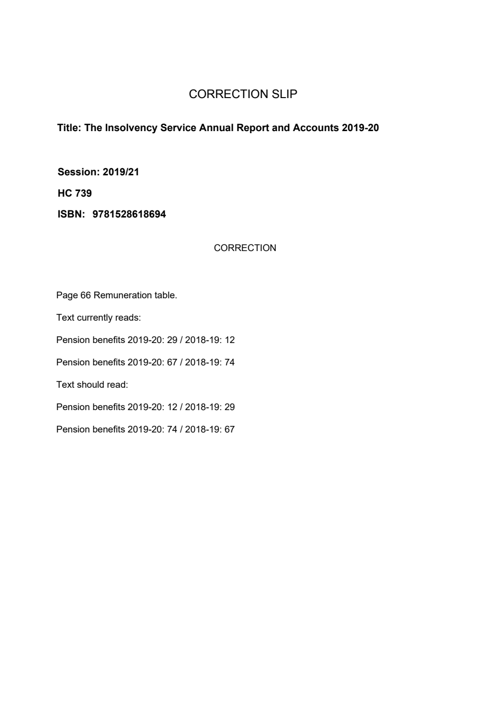 The Insolvency Service Annual Report and Accounts 2019-20. Correction Slip