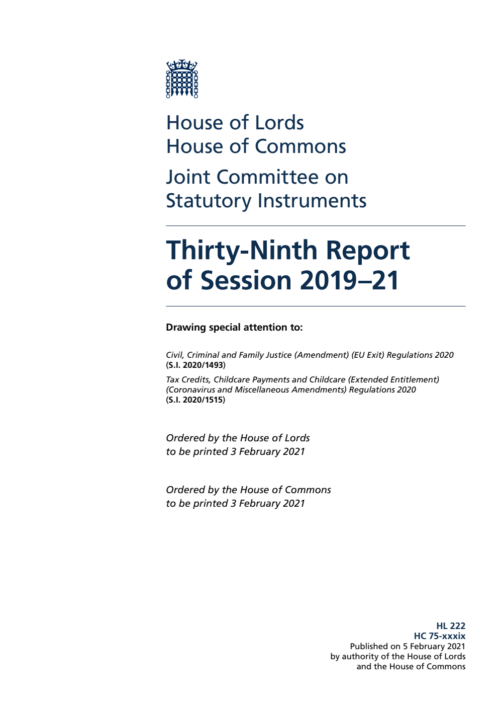 Joint Committee on Statutory Instruments 39th Report of Session 2019-21