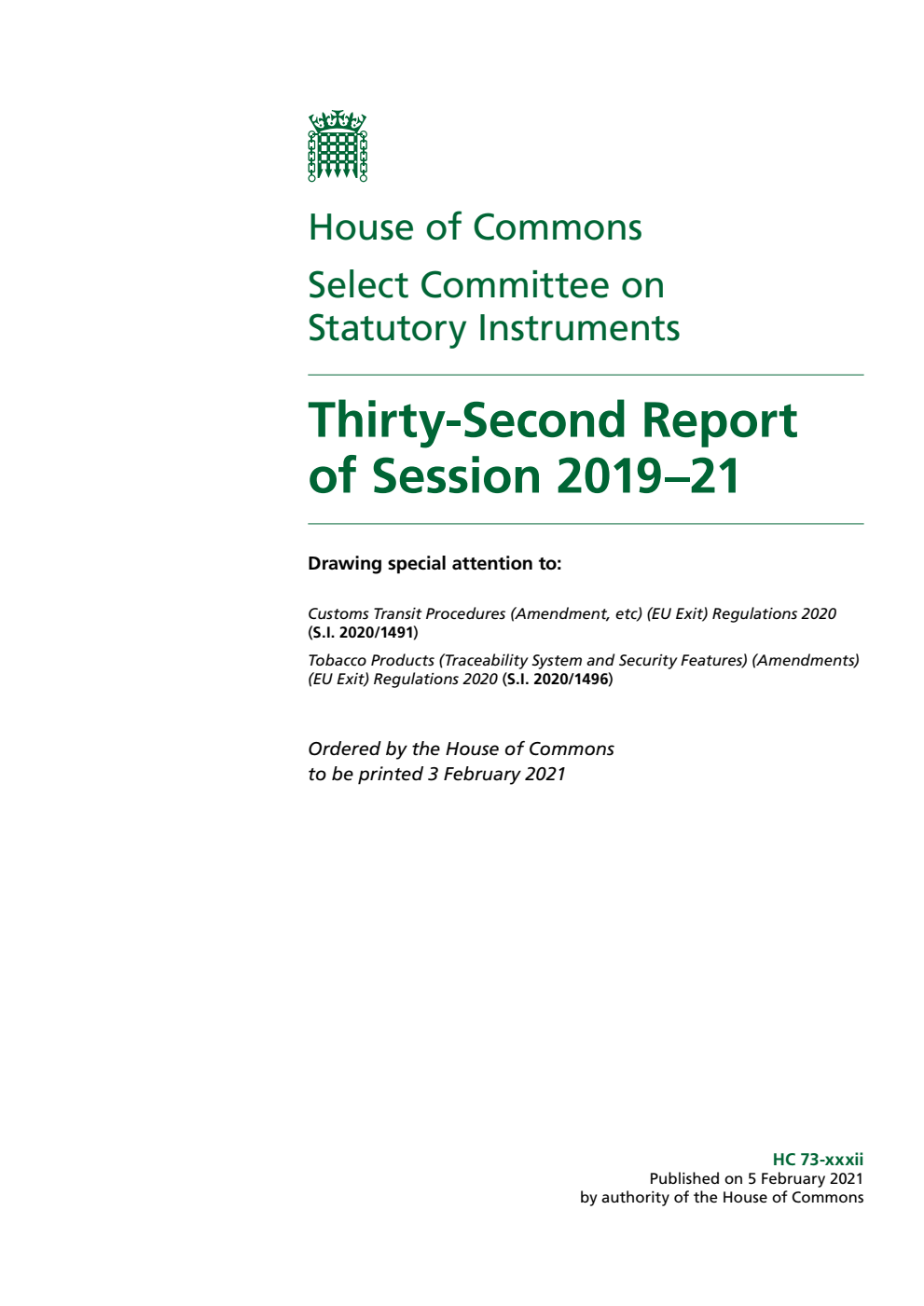 Statutory Instruments Committee 32nd Report of Session 2019–21