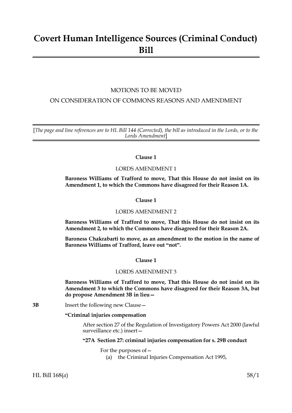 Covert Human Intelligence Sources (Criminal Conduct) Bill Motions to be moved on consideration of Commons reasons and amendments