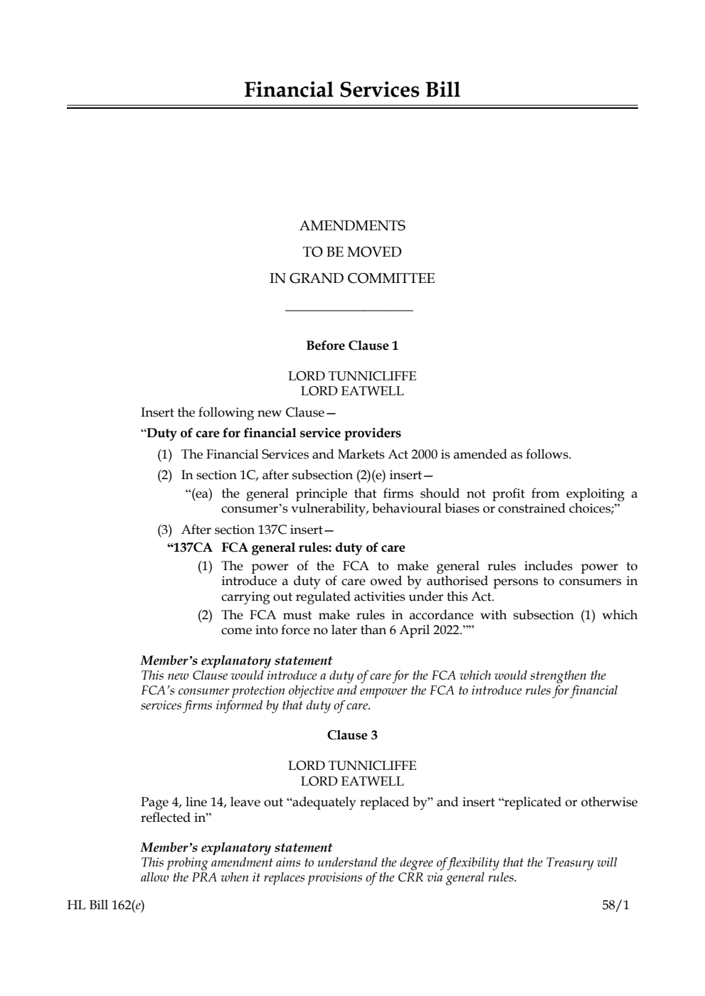 Financial Services Bill Amendments to be moved in Grand Committee