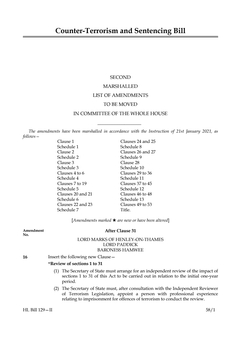 Counter-Terrorism and Sentencing Bill Second Marshalled List of Amendments to be moved in Committee of the Whole House