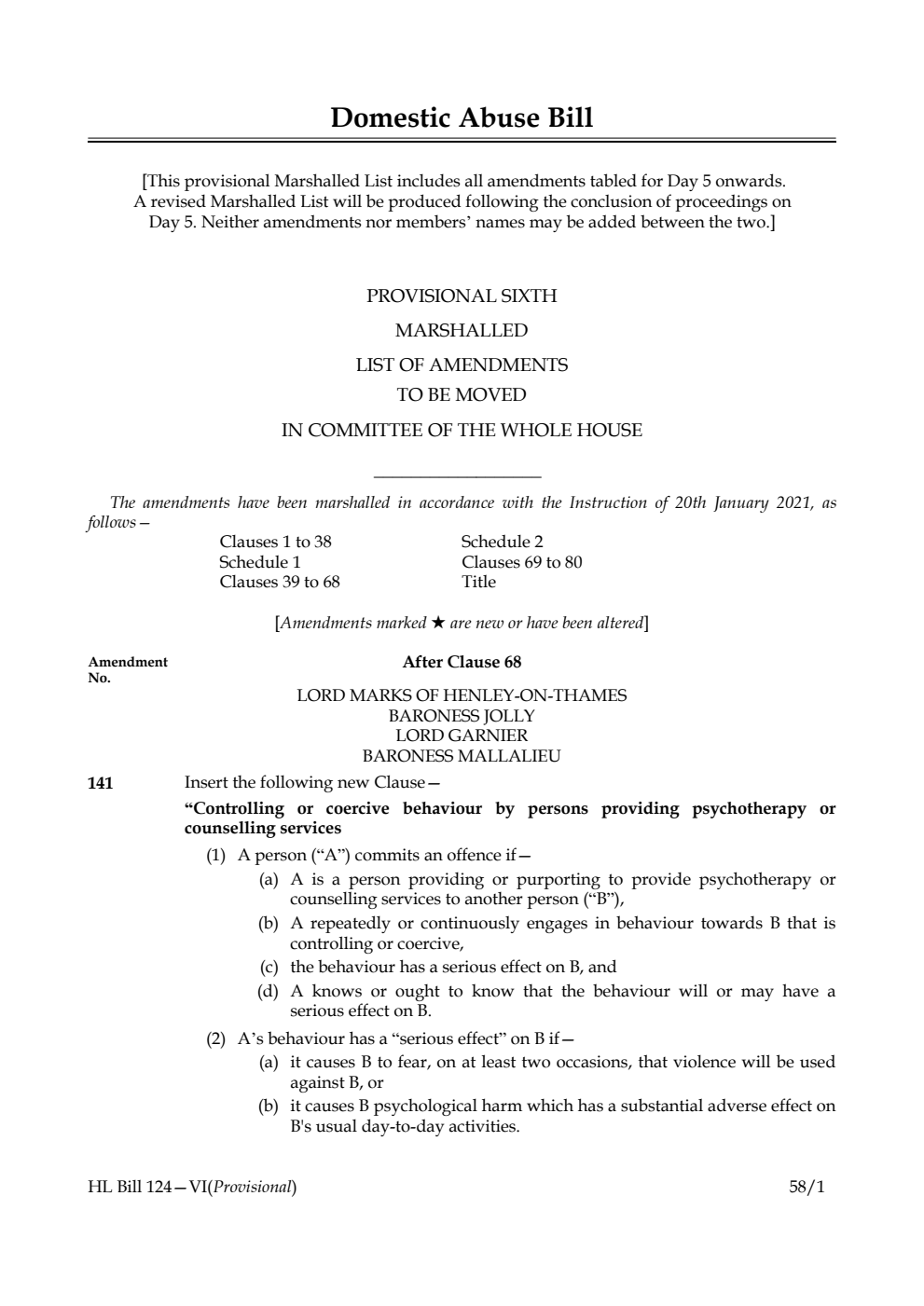 Domestic Abuse Bill Provisional Sixth Marshalled List of Amendments to be moved in Committee of the Whole House