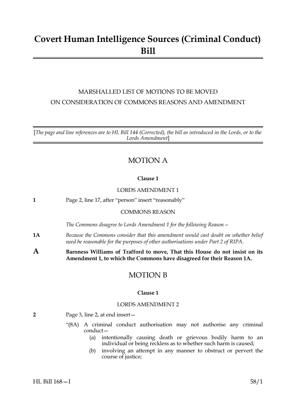 Covert Human Intelligence Sources (Criminal Conduct) Bill Marshalled List of motions to be moved on Consideration of Commons reasons and amendments
