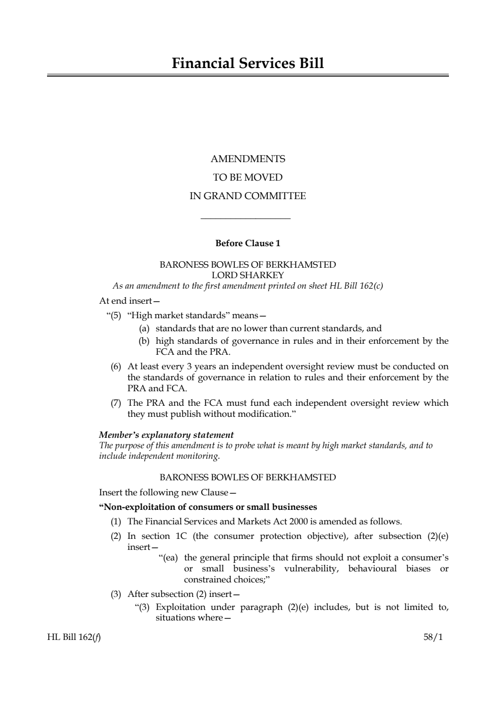 Financial Services Bill Amendments to be moved in Grand Committee