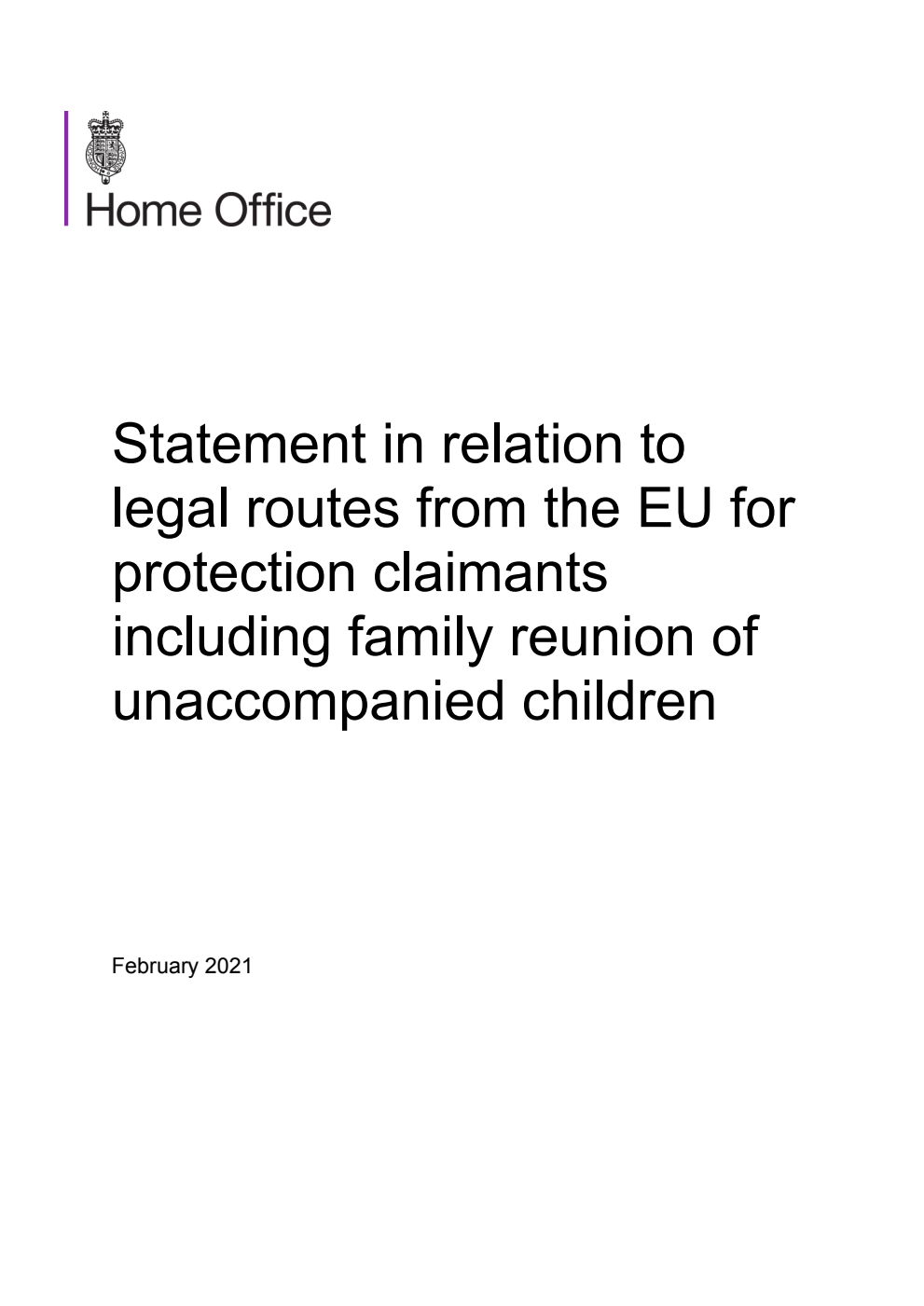 Statement in relation to legal routes from the EU for protection claimants including family reunion of unaccompanied children