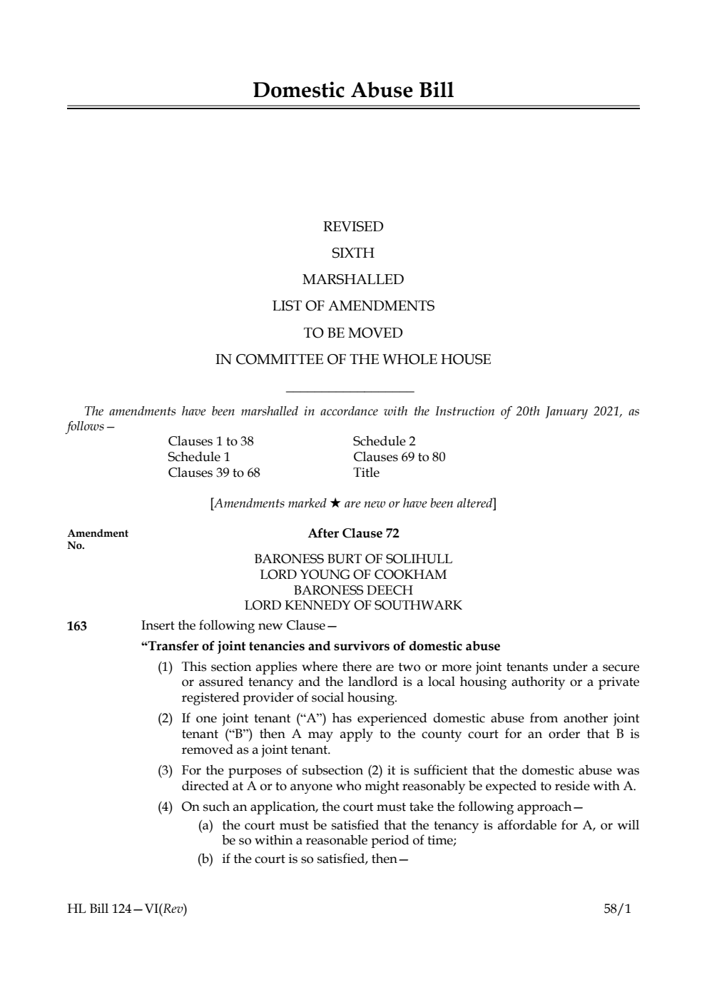 Domestic Abuse Bill Revised Sixth Marshalled List of Amendments to be moved in Committee of the Whole House