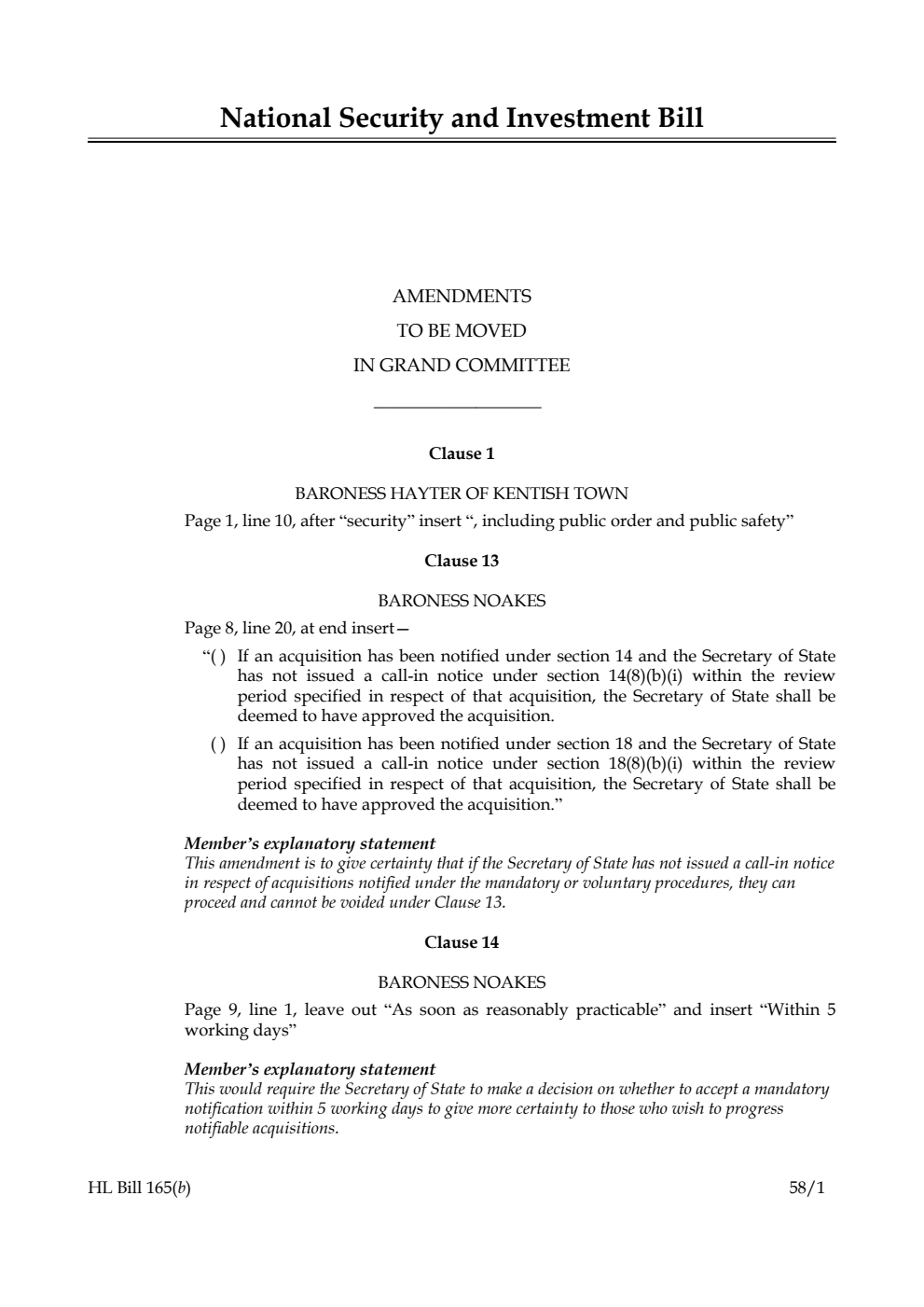 National Security and Investment Bill Amendments to be moved in Grand Committee