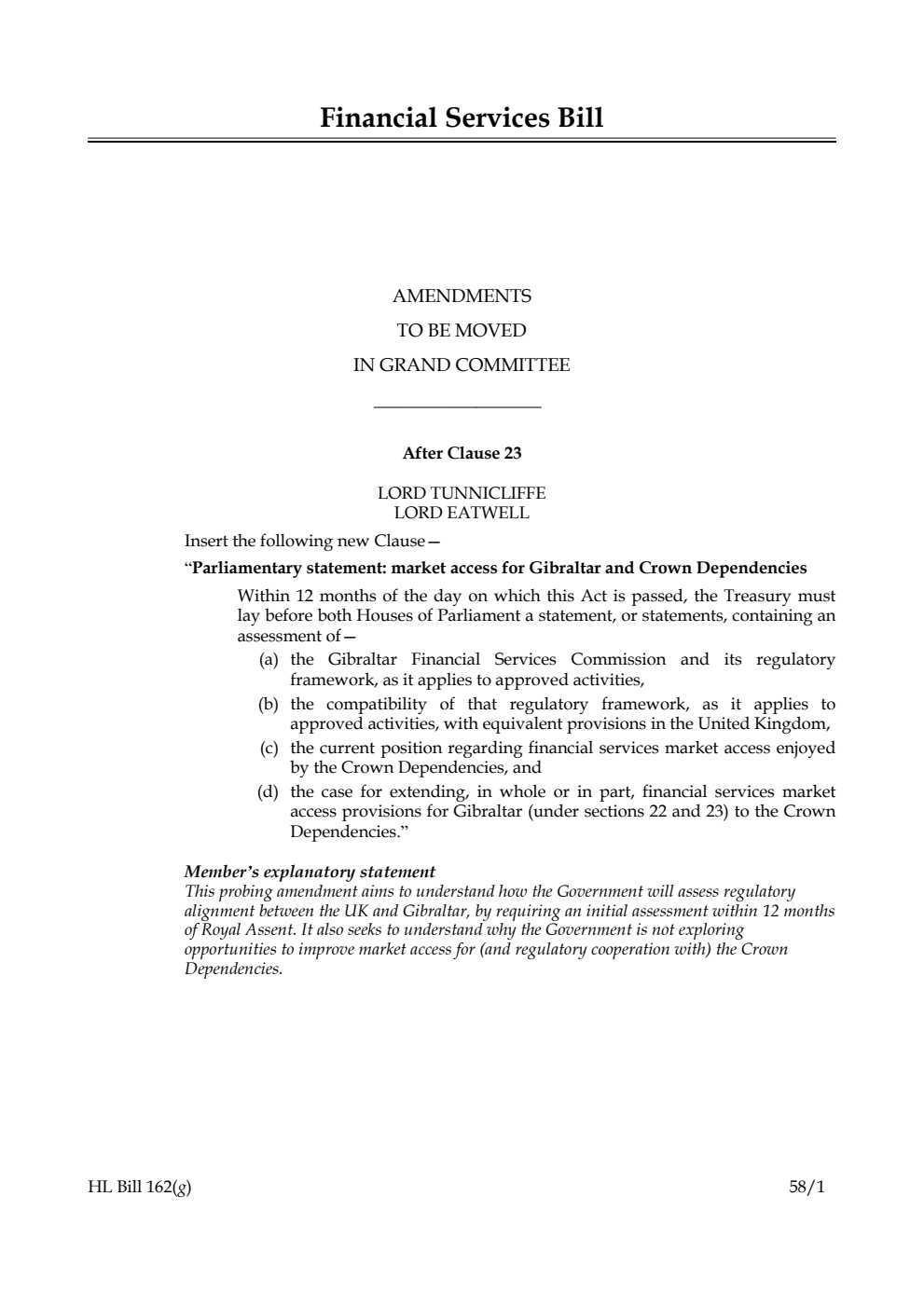 Financial Services Bill Amendments to be moved in Grand Committee