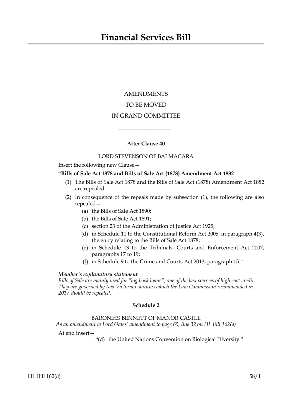 Financial Services Bill Amendments to be moved in Grand Committee