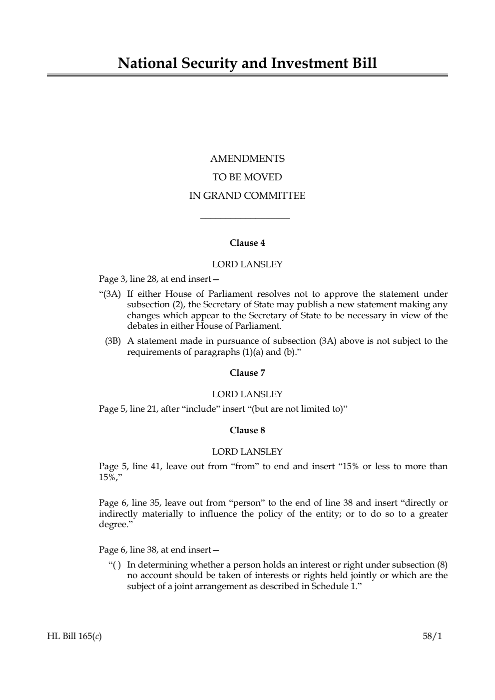 National Security and Investment Bill Amendments to be moved in Grand Committee