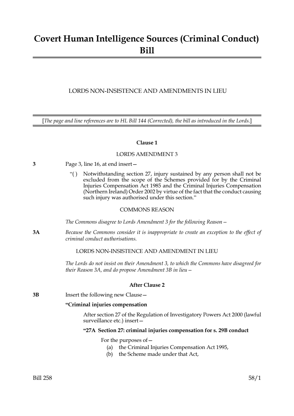 Covert Human Intelligence Sources (Criminal Conduct) Bill Lords non-insistence and amendments in lieu