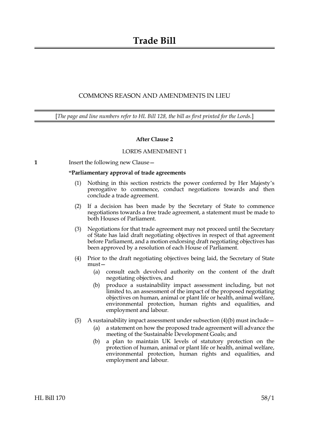 Trade Bill Commons reasons and amendments in lieu