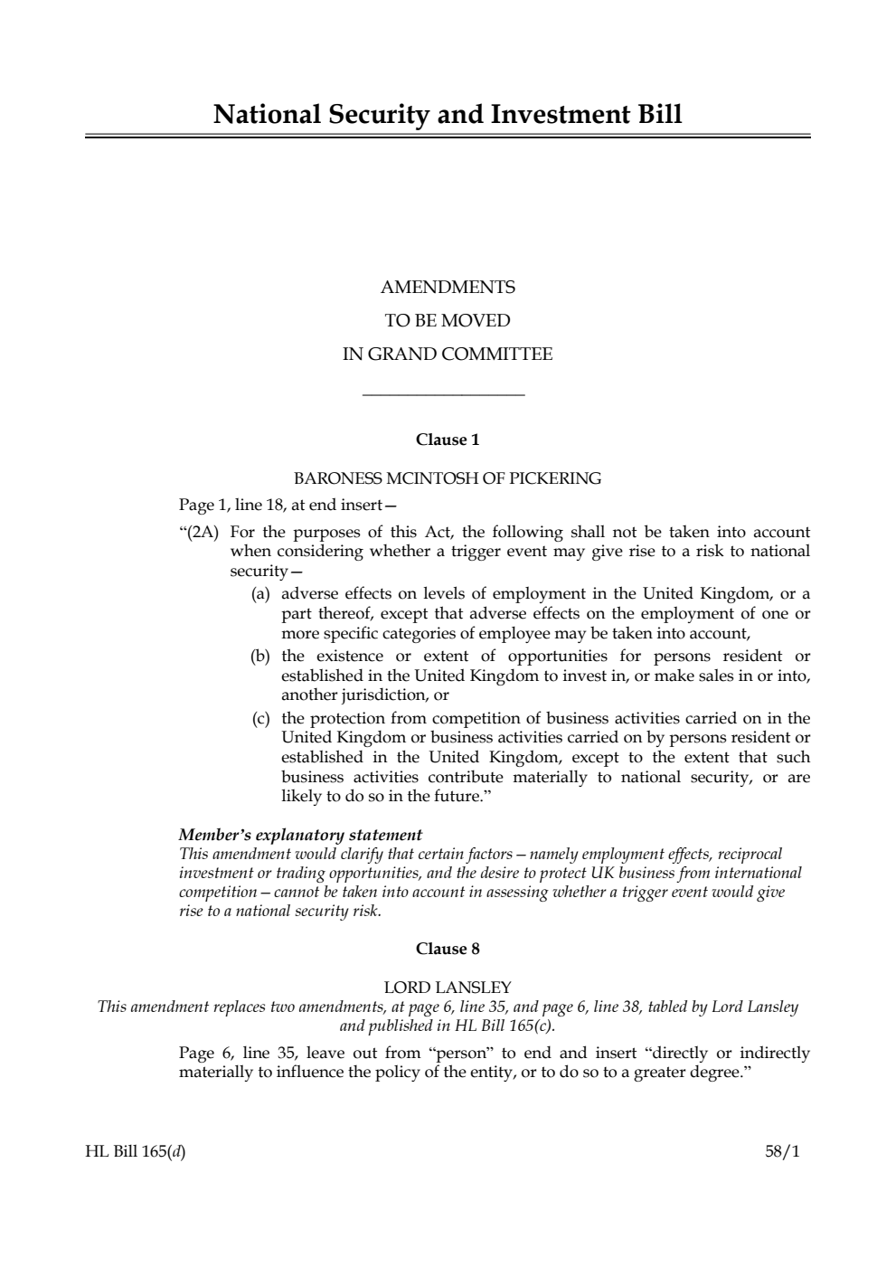 National Security and Investment Bill Amendments to be moved in Grand Committee