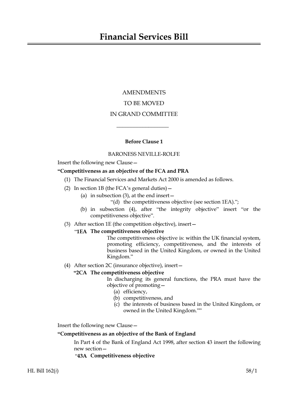 Financial Services Bill Amendments to be moved in Grand Committee