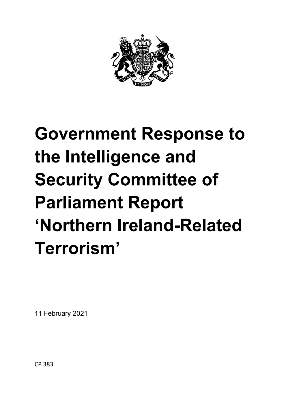 Government response to the Intelligence and Security Committee of Parliament report, ‘Northern Ireland-Related Terrorism'
