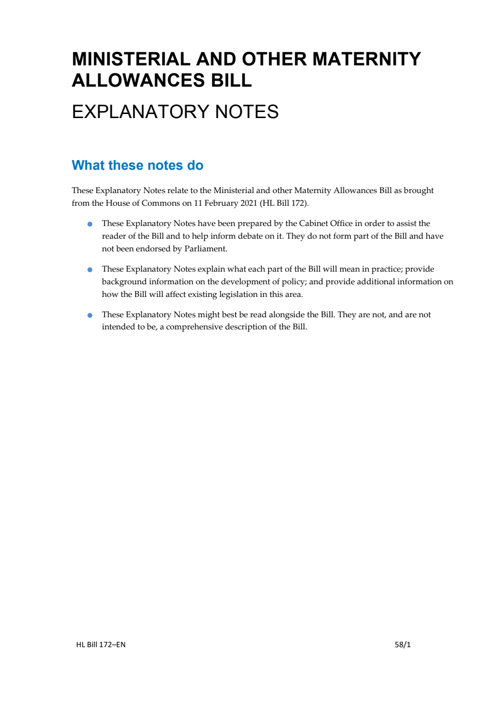 Ministerial and other Maternity Allowances Bill Explanatory Notes