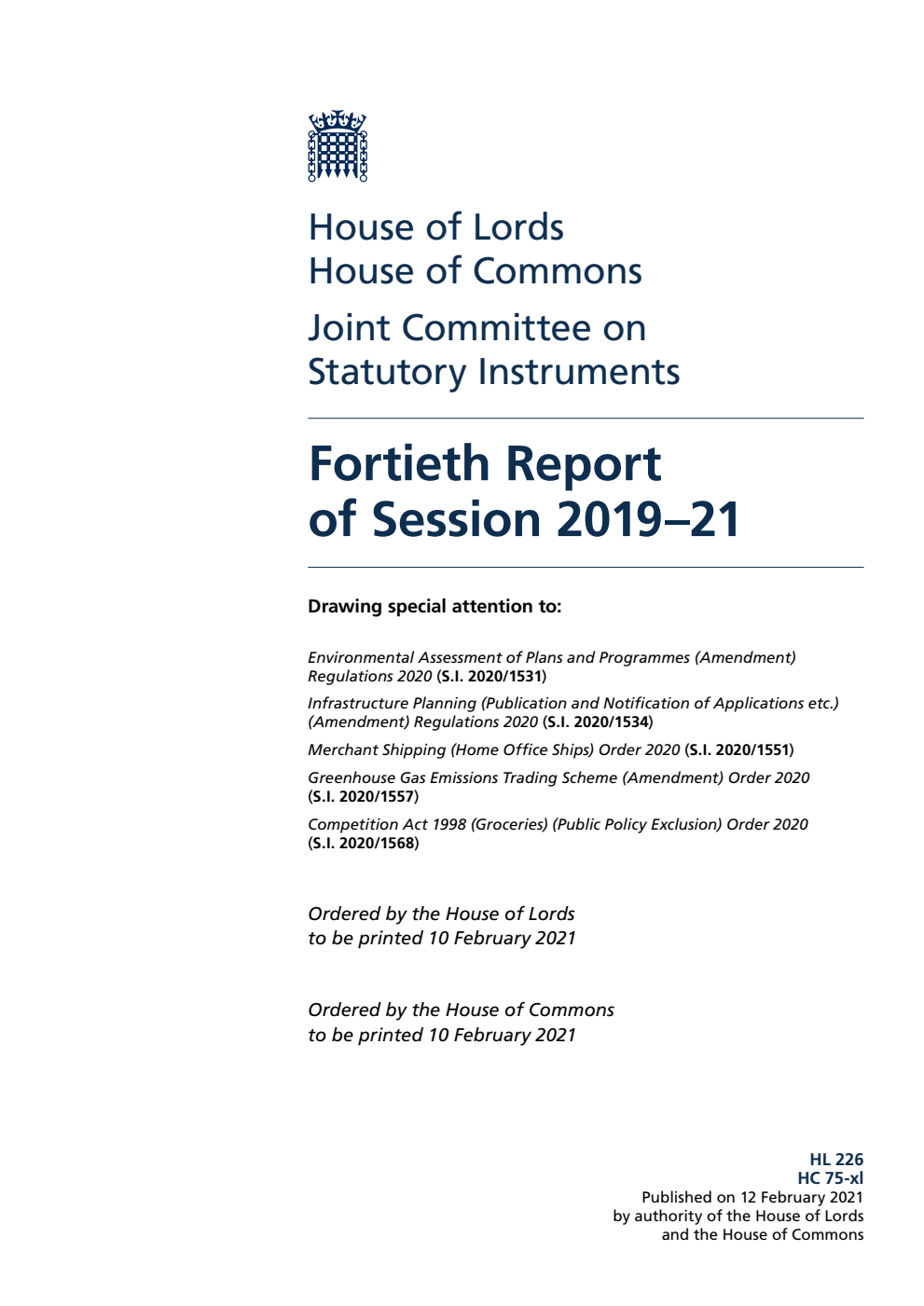 Joint Committee on Statutory Instruments 40th Report of Session 2019-21