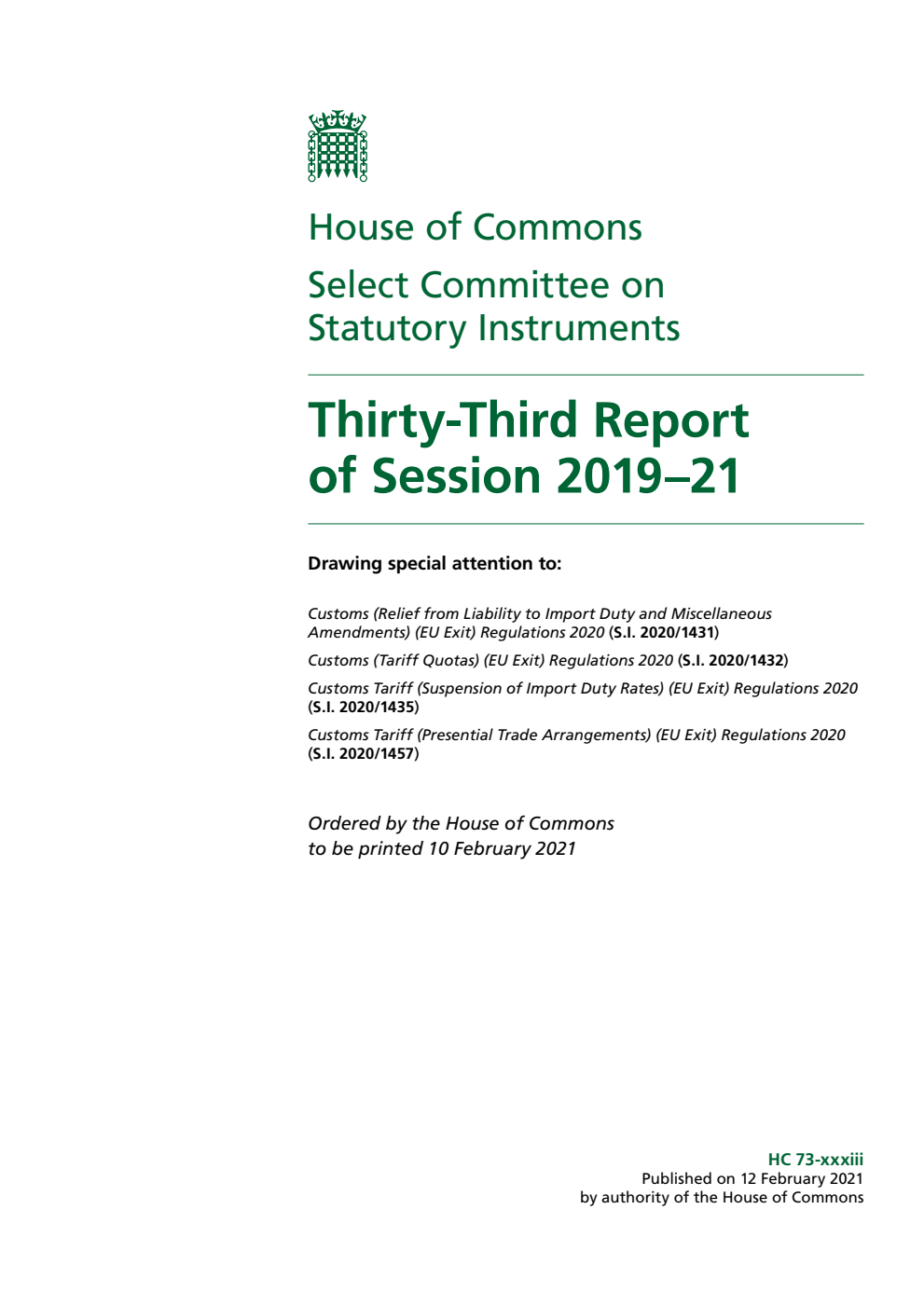 Statutory Instruments Committee 33rd Report of Session 2019–21