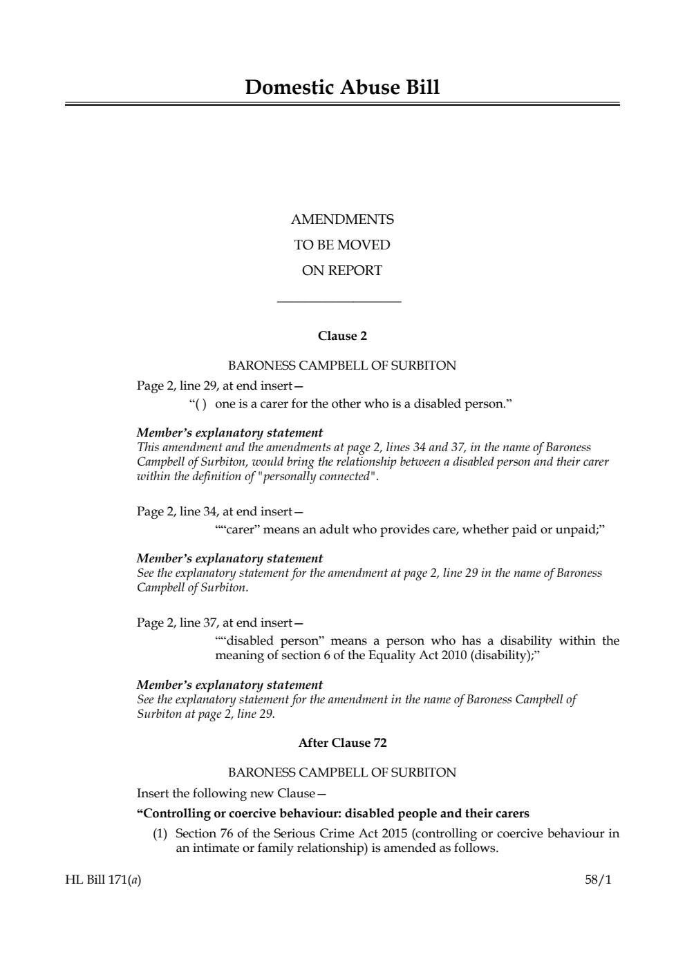 Domestic Abuse Bill Amendments to be moved on Report