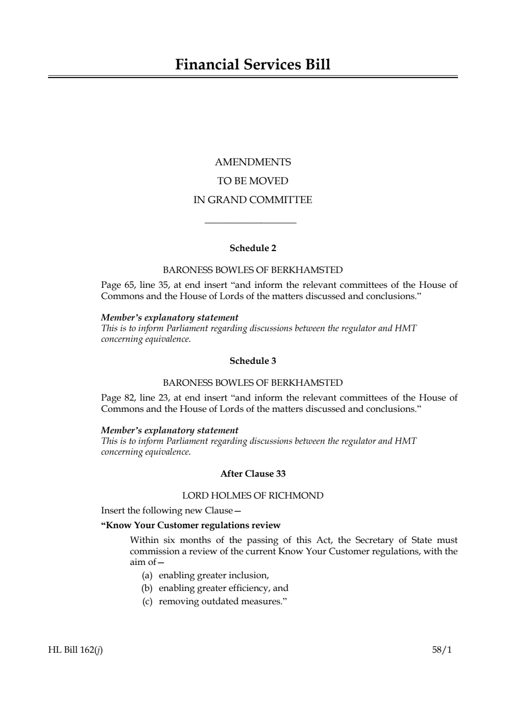 Financial Services Bill Amendments to be moved in Grand Committee