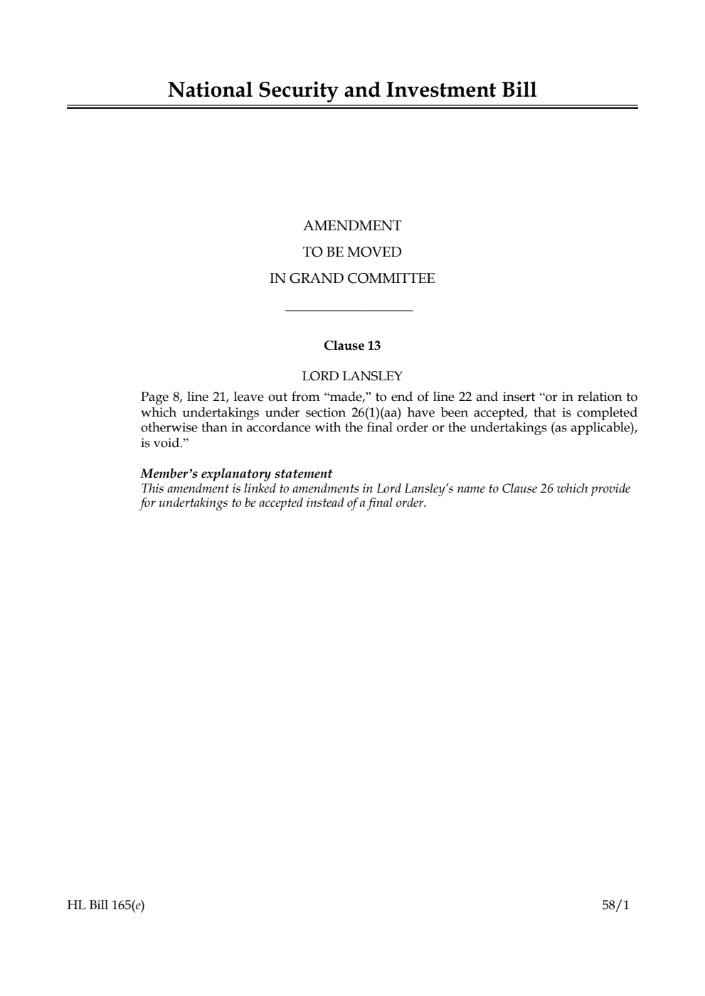 National Security and Investment Bill Amendment to be moved in Grand Committee