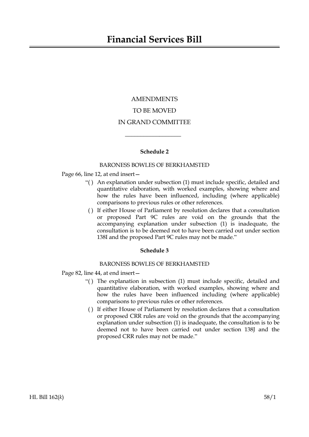 Financial Services Bill Amendments to be moved in Grand Committee