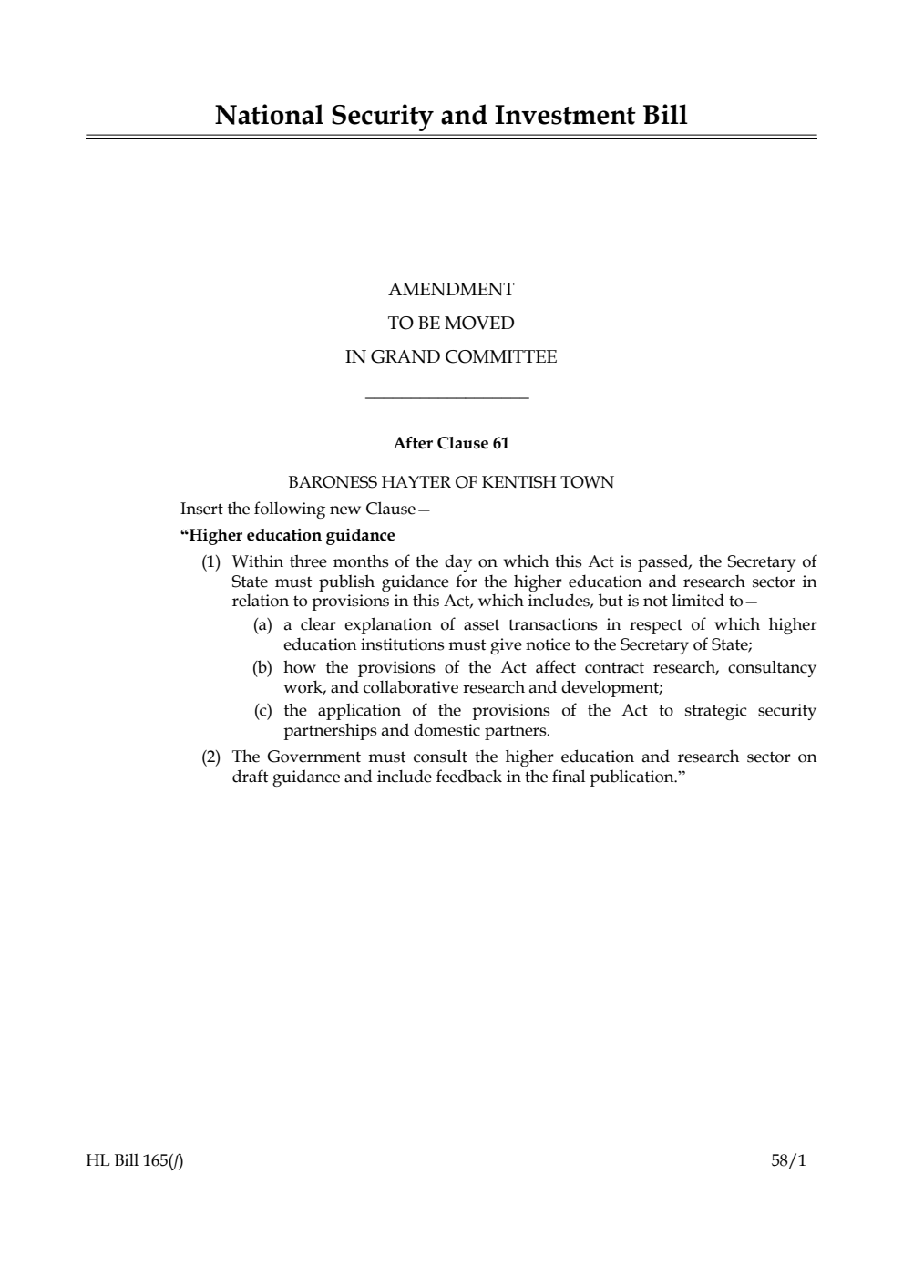 National Security and Investment Bill Amendment to be moved in Grand Committee