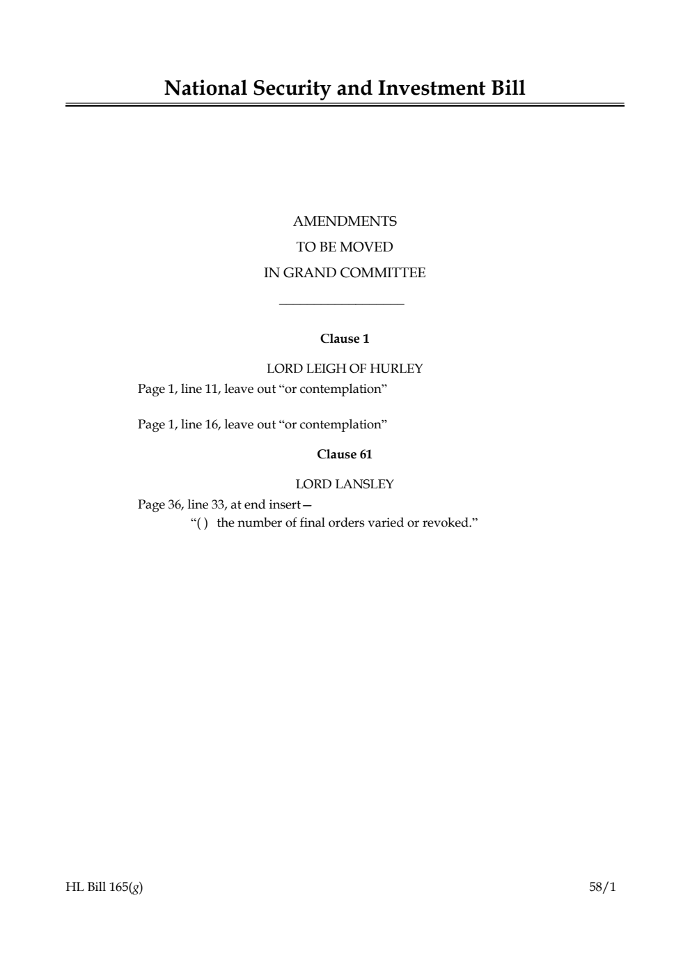 National Security and Investment Bill Amendments to be moved in Grand Committee