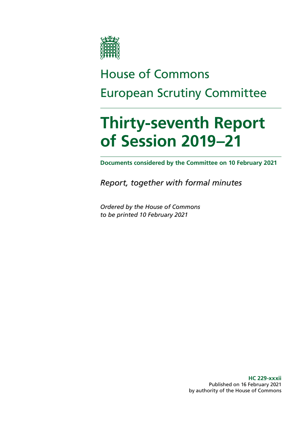European Scrutiny Committee 37th Report of Session 2019-21