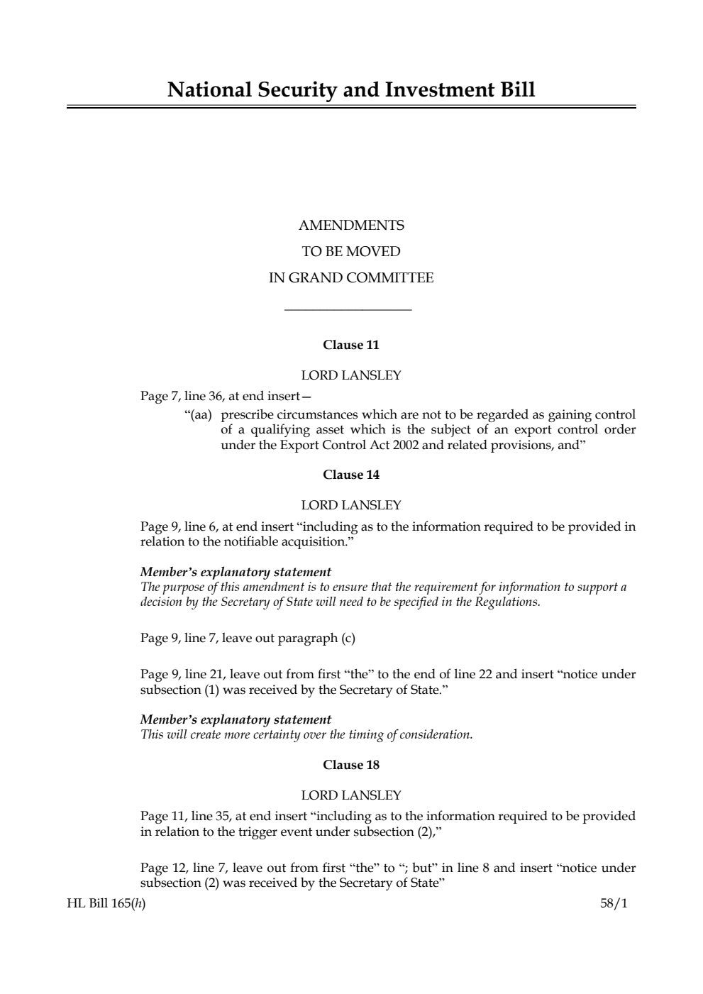 National Security and Investment Bill Amendments to be moved in Grand Committee