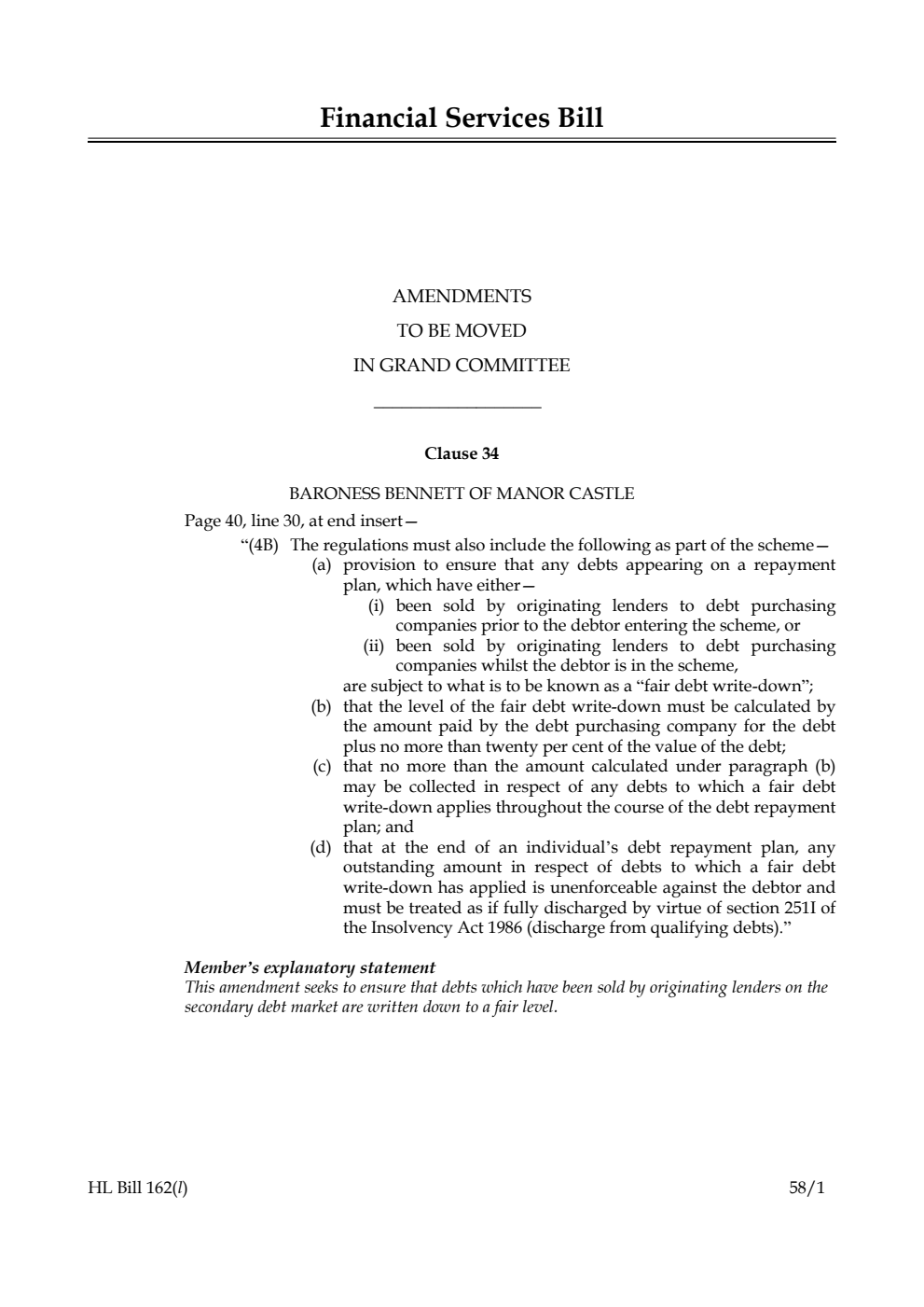 Financial Services Bill Amendments to be moved in Grand Committee