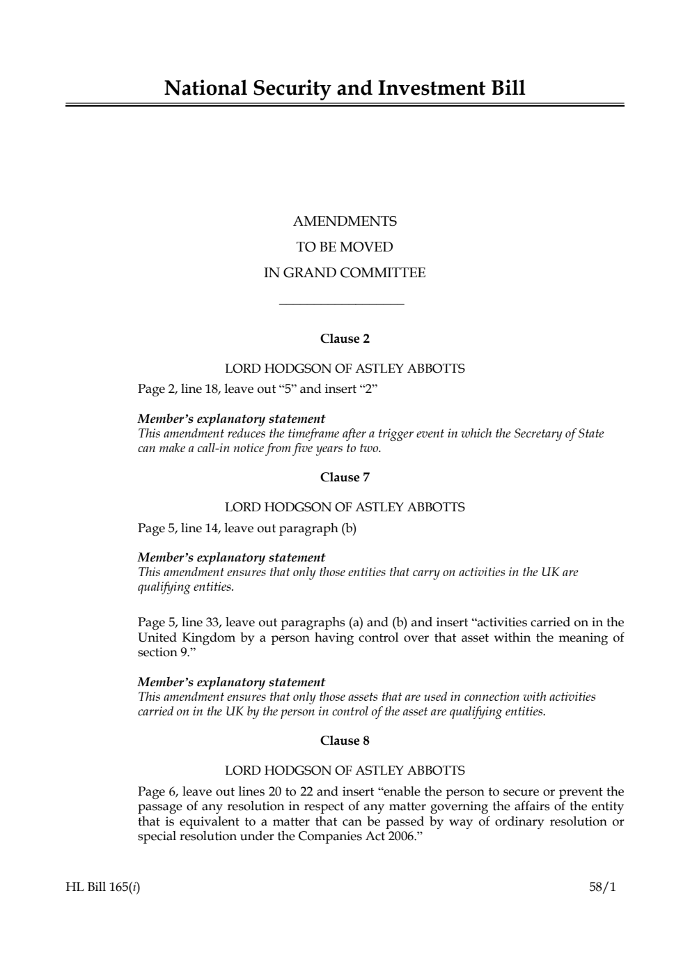 National Security and Investment Bill Amendments to be moved in Grand Committee