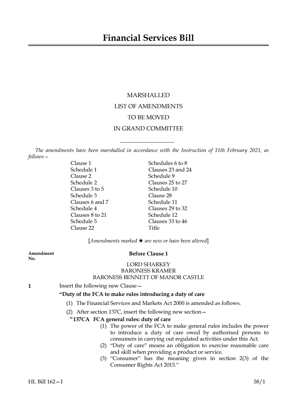 Financial Services Bill Marshalled List of Amendments to be moved in Grand Committee