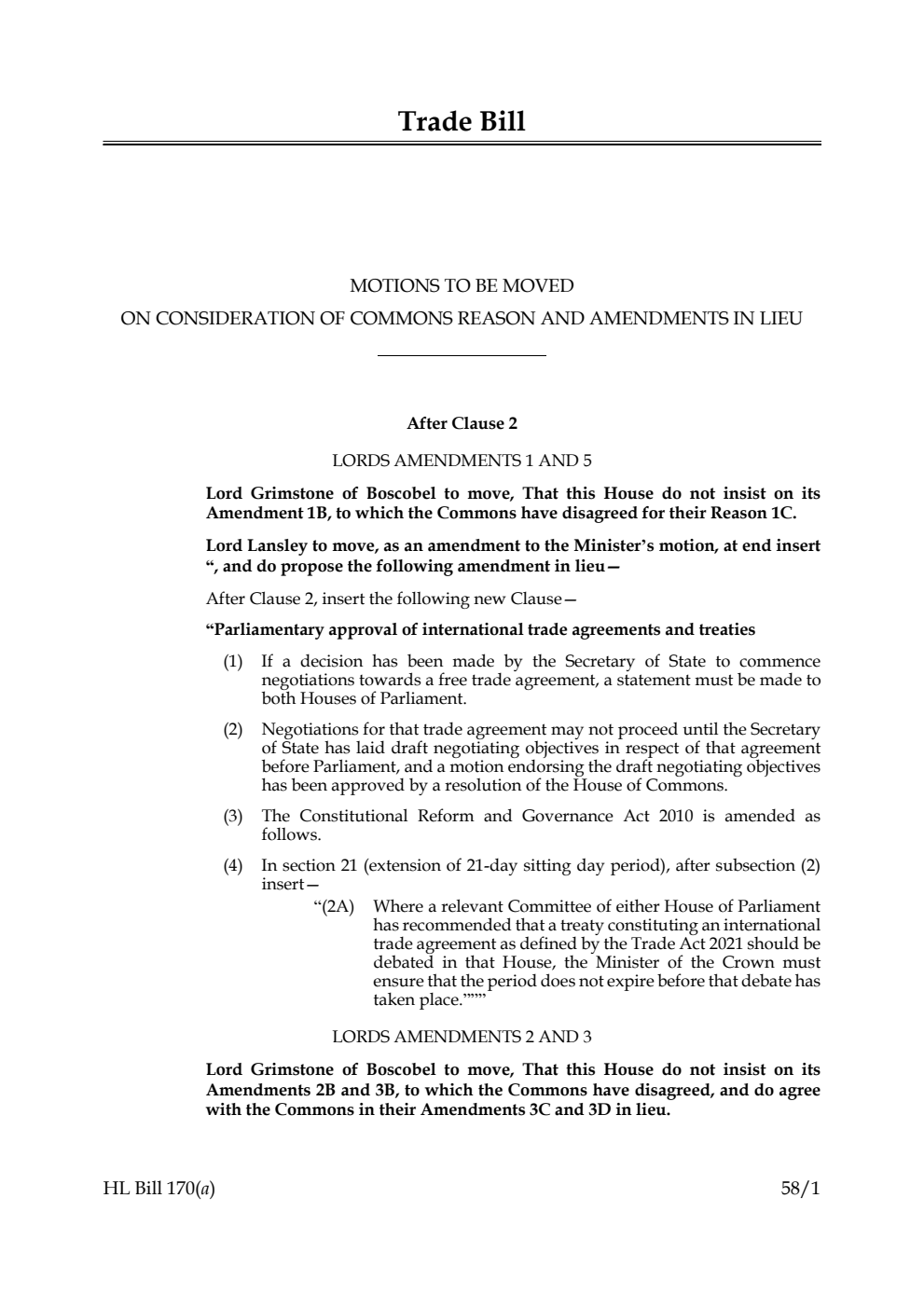Trade Bill Motions to be moved on consideration of Commons reason and amendments in lieu