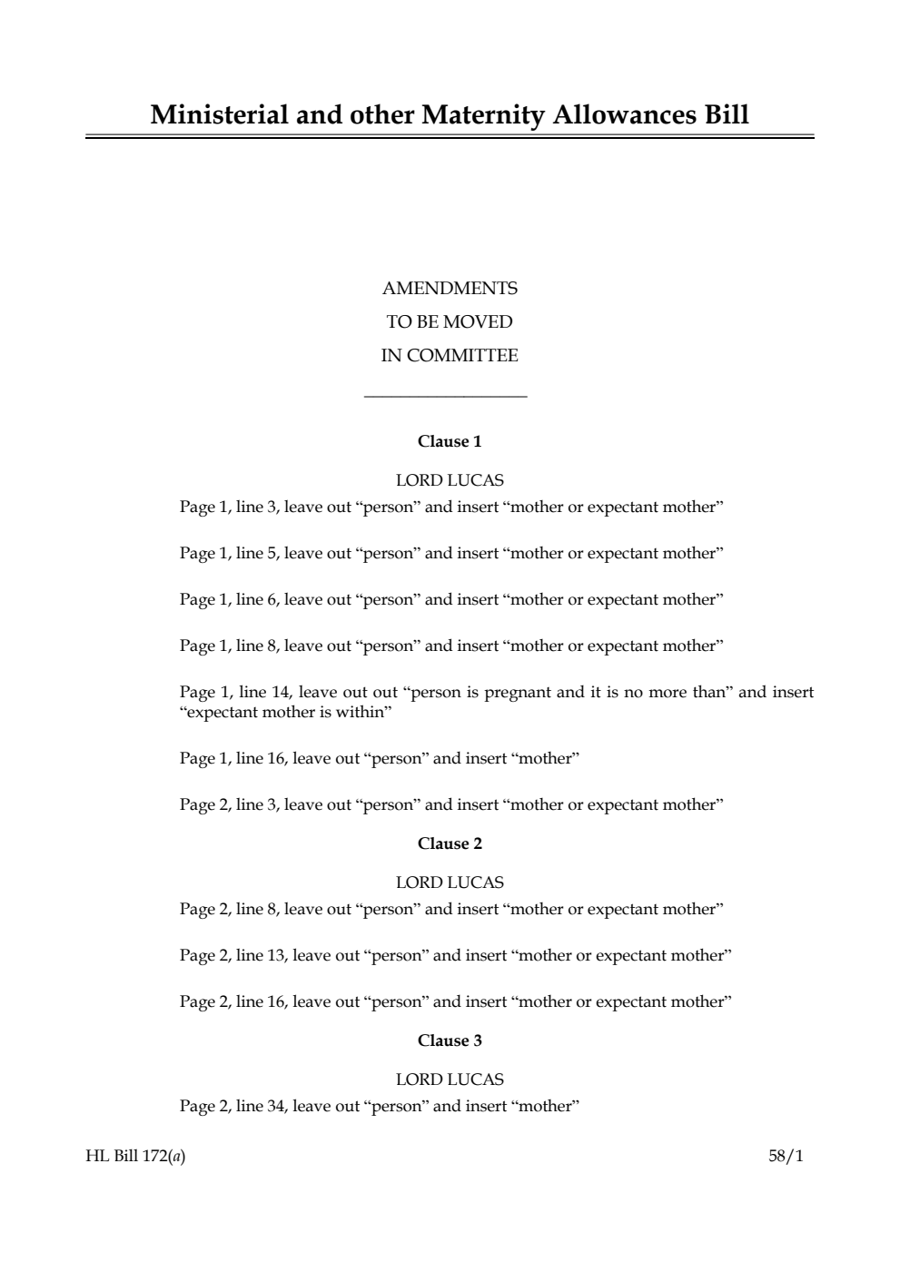 Ministerial and other Maternity Allowances Bill Amendments to be moved in Committee of the Whole House