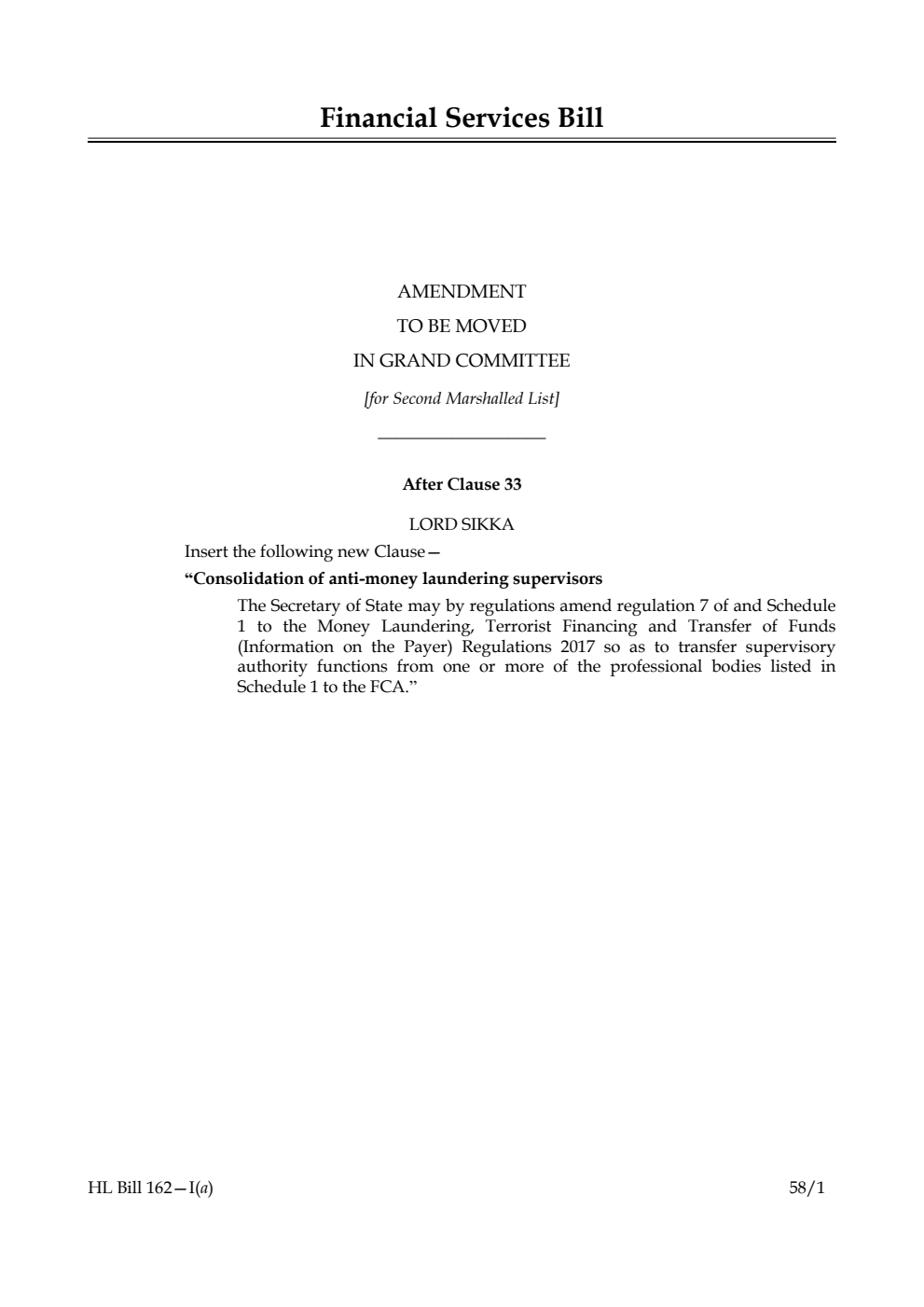 Financial Services Bill Amendment to be moved in Grand Committee