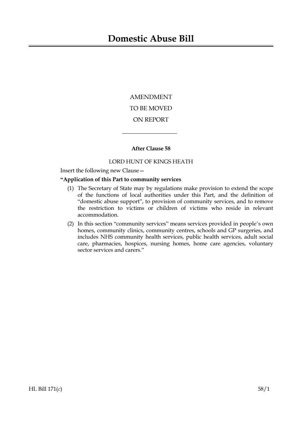 Domestic Abuse Bill Amendment to be moved on Report